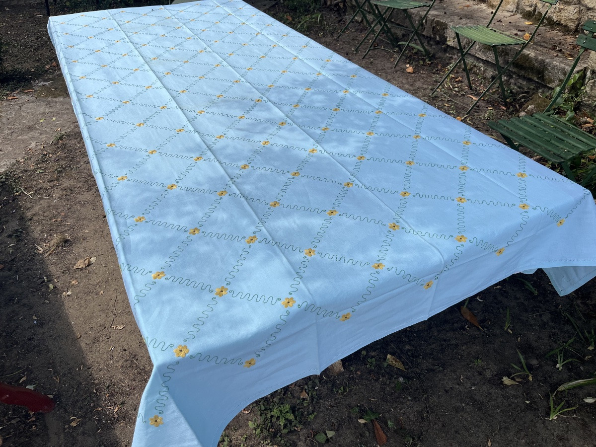 Nappe  vintage années 1960. Vert tendre et pâquerettes. 172 x 275 cm -photo-2