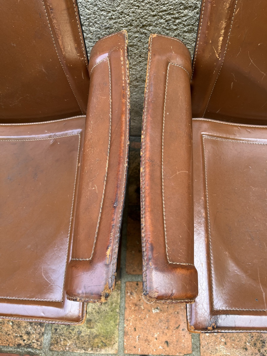 Fauteuils (x4) cuir fauve, modele Korium par Matteo Grassi pour Tito Agnoli. -photo-1