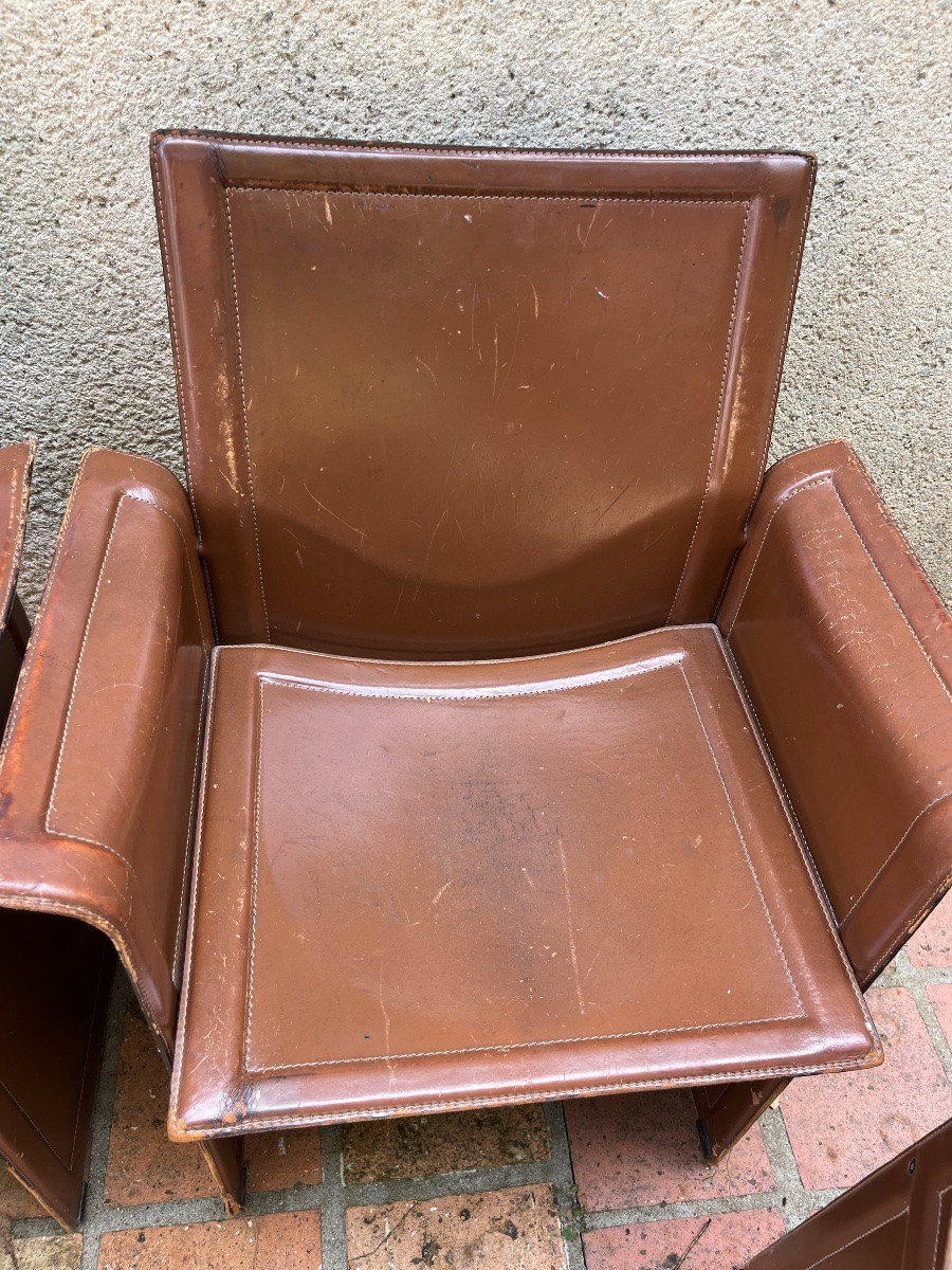 Fauteuils (x4) cuir fauve, modele Korium par Matteo Grassi pour Tito Agnoli. -photo-4