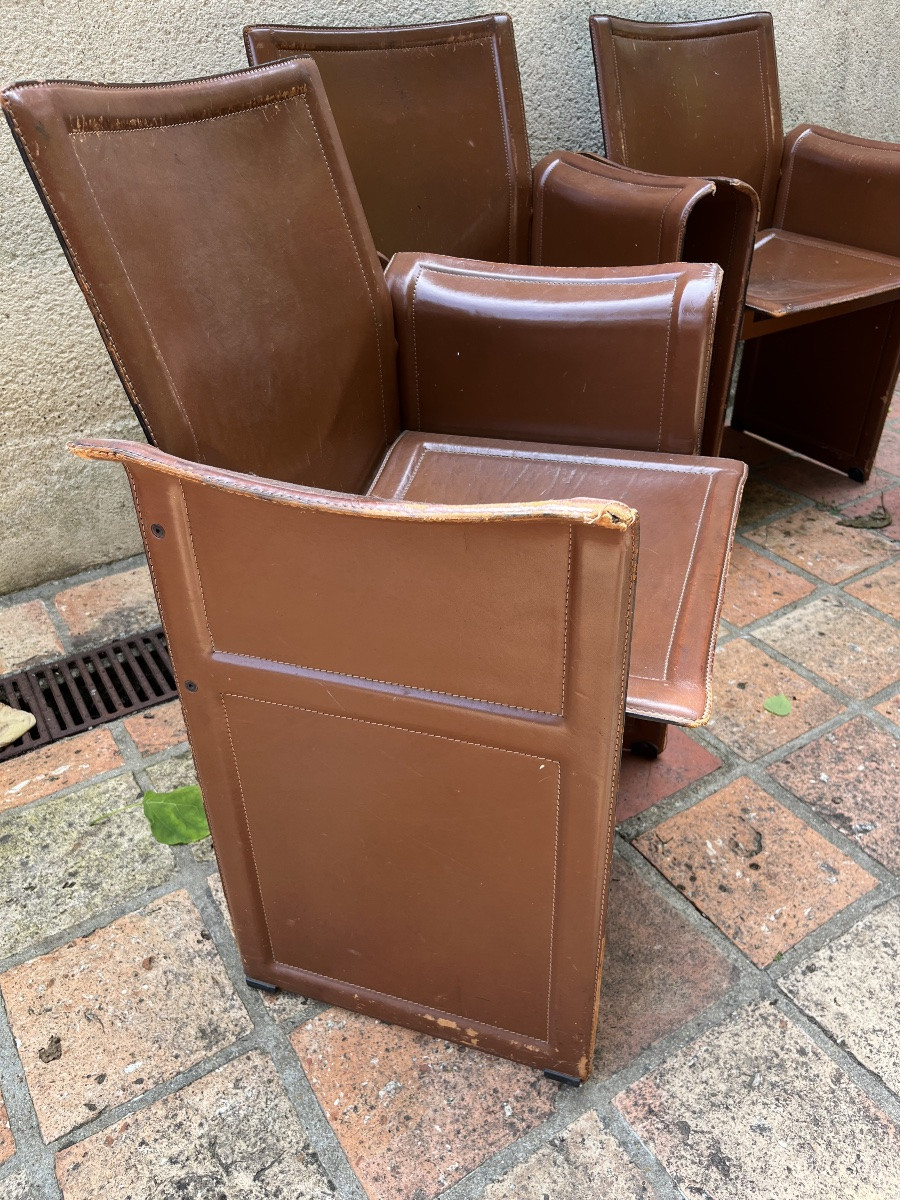Fauteuils (x4) cuir fauve, modele Korium par Matteo Grassi pour Tito Agnoli. -photo-6