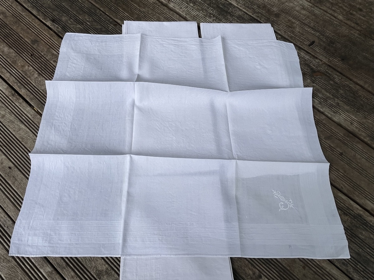 Thread Handkerchiefs (x6) 52 X 49 Cm. Initials Jc With Fleur-de-lis -photo-4