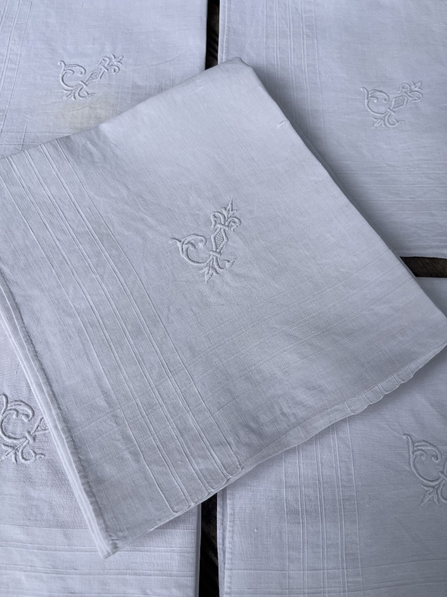 Thread Handkerchiefs (x6) 52 X 49 Cm. Initials Jc With Fleur-de-lis -photo-4