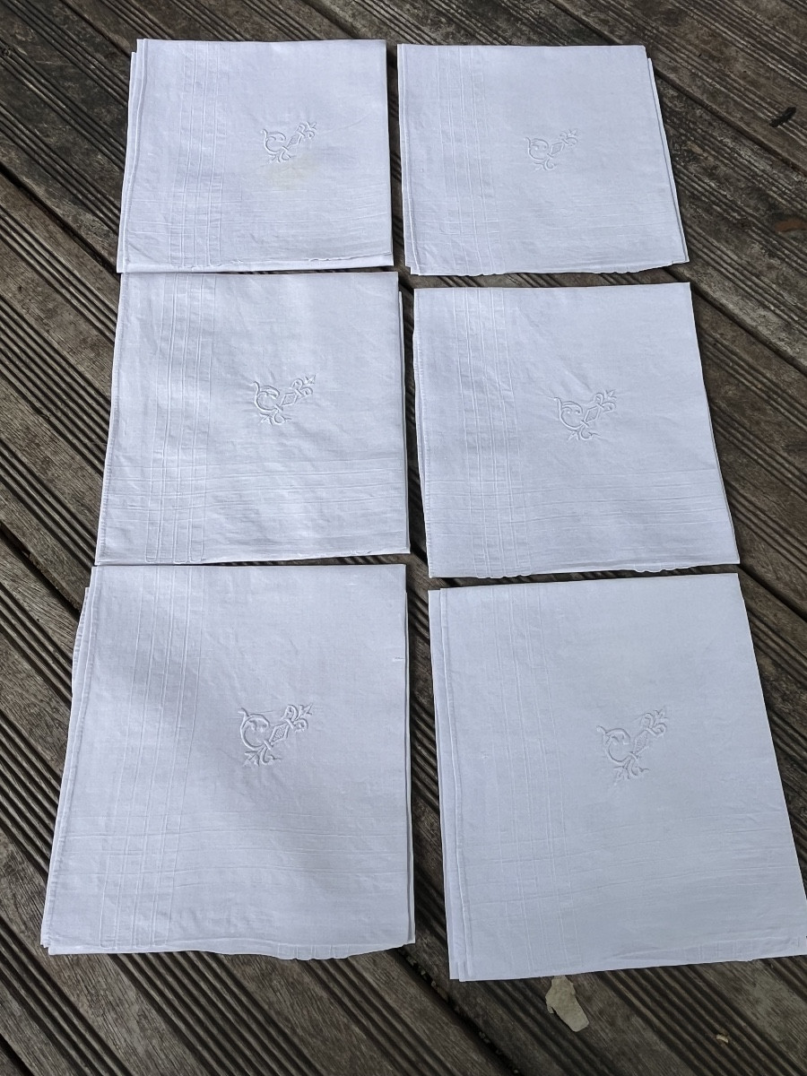 Thread Handkerchiefs (x6) 52 X 49 Cm. Initials Jc With Fleur-de-lis 