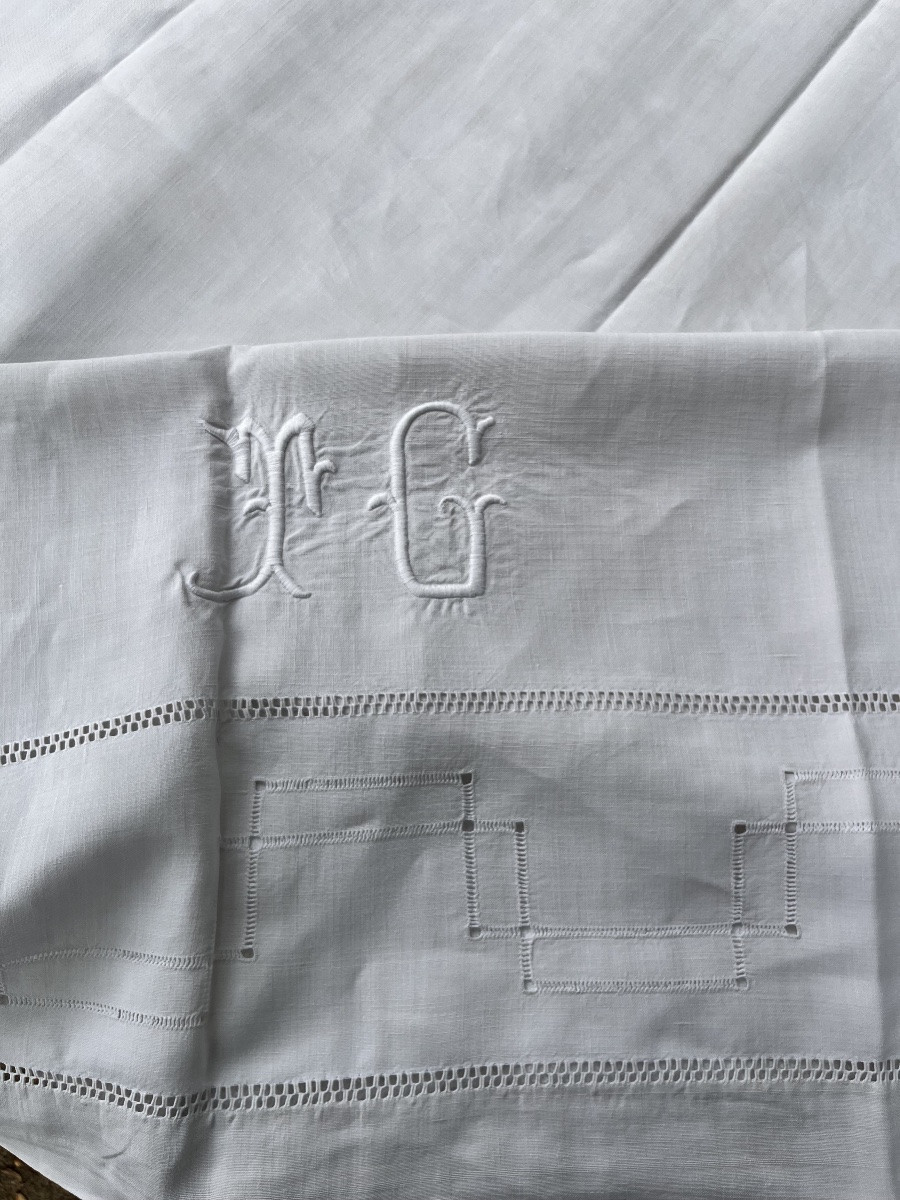 Embroidered Sheet In Mixed Fabric (linen/cotton) Monogram Tg. 220 X 310 Cm-photo-3