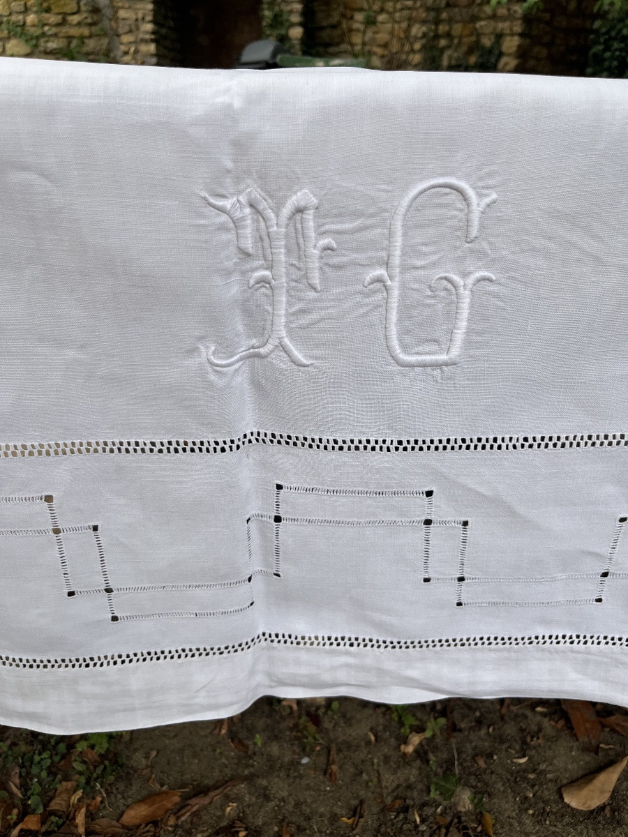 Embroidered Sheet In Mixed Fabric (linen/cotton) Monogram Tg. 220 X 310 Cm-photo-3