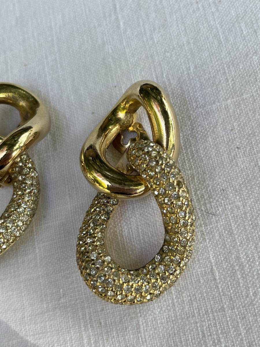 Christian Dior Clip-on Earrings. Gold Hoop Earrings With Rows Of Rhinestones. Circa 1990-photo-2