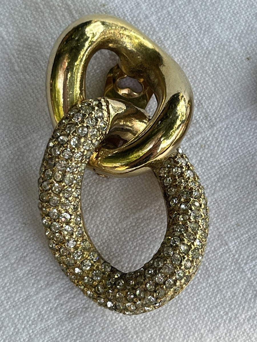 Christian Dior Clip-on Earrings. Gold Hoop Earrings With Rows Of Rhinestones. Circa 1990-photo-3