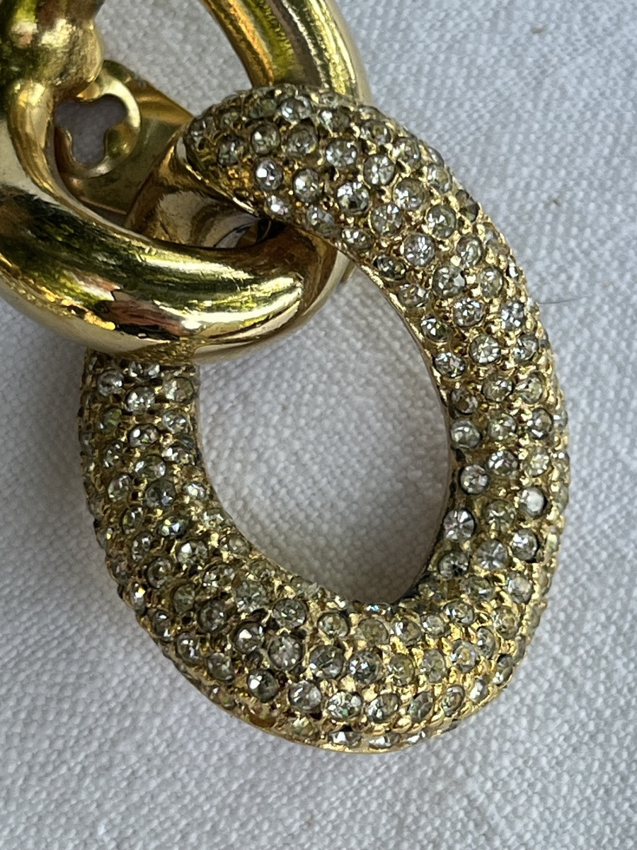 Christian Dior Clip-on Earrings. Gold Hoop Earrings With Rows Of Rhinestones. Circa 1990-photo-4