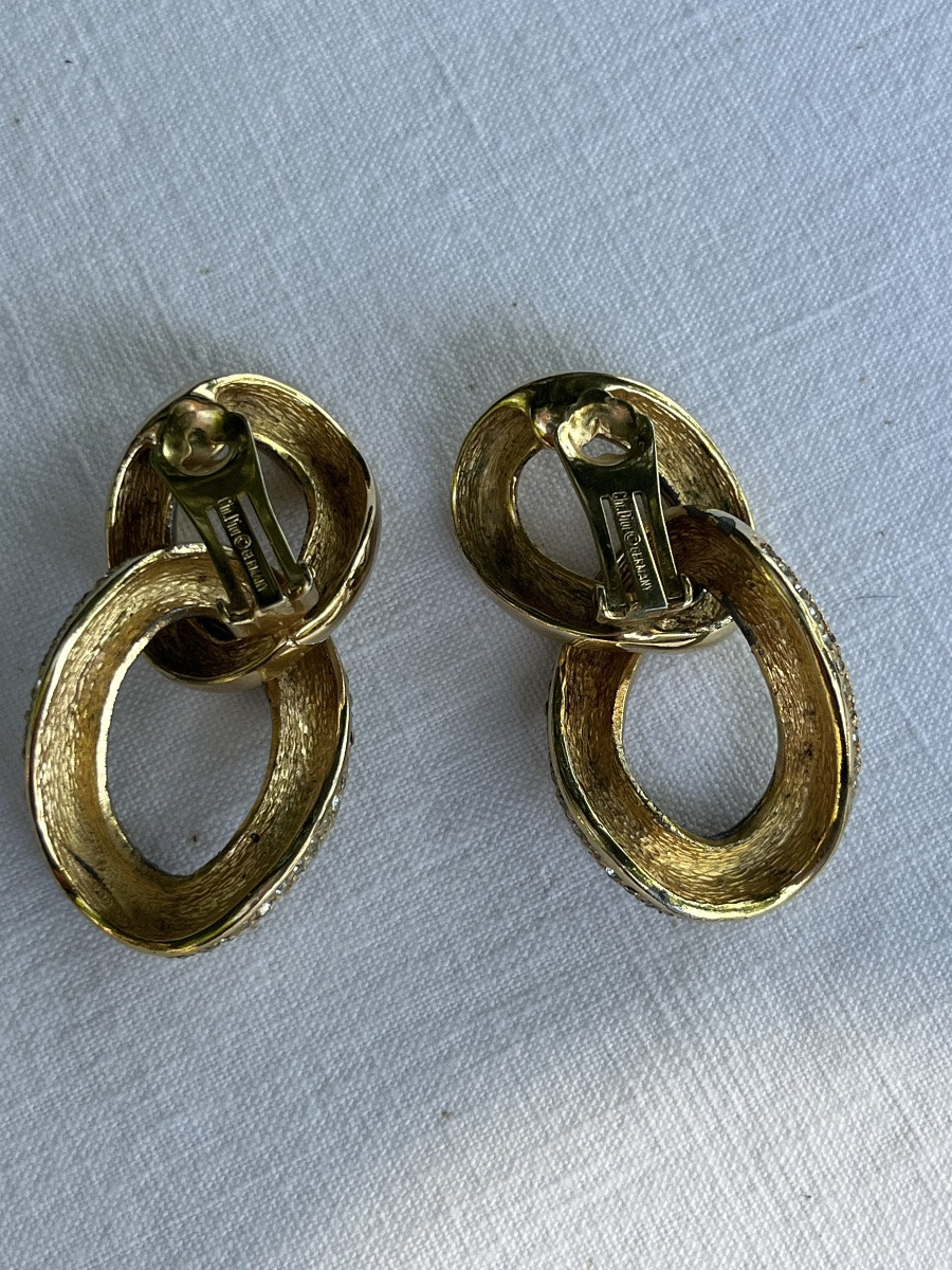 Christian Dior Clip-on Earrings. Gold Hoop Earrings With Rows Of Rhinestones. Circa 1990-photo-1
