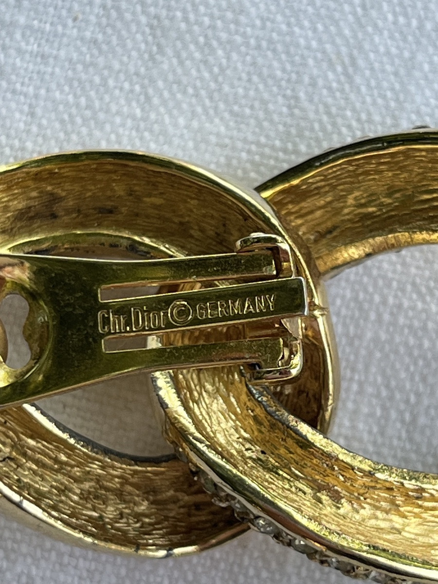 Christian Dior Clip-on Earrings. Gold Hoop Earrings With Rows Of Rhinestones. Circa 1990-photo-2