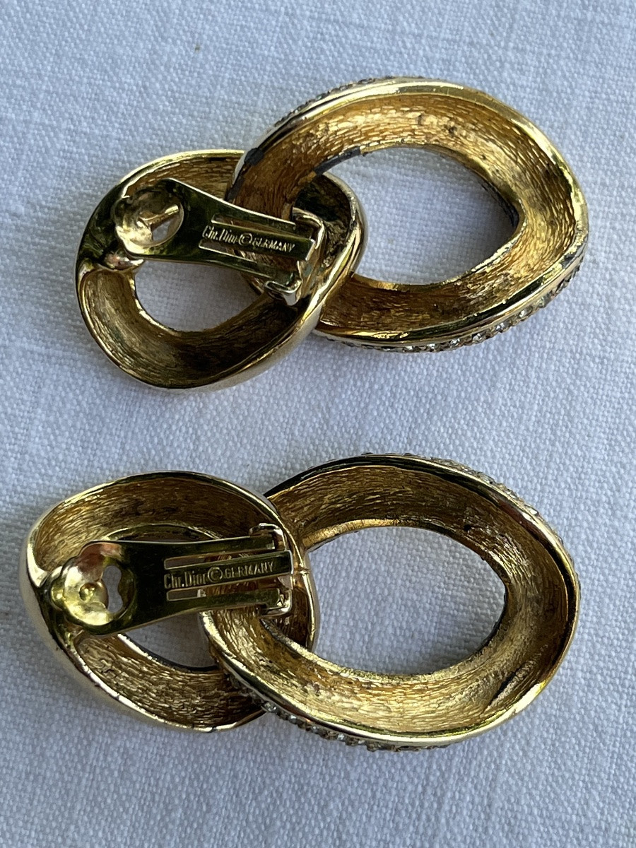 Christian Dior Clip-on Earrings. Gold Hoop Earrings With Rows Of Rhinestones. Circa 1990-photo-3