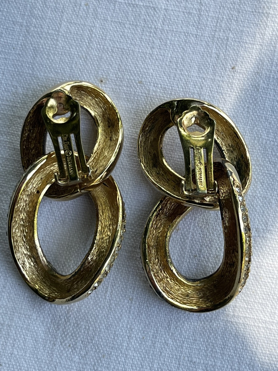 Christian Dior Clip-on Earrings. Gold Hoop Earrings With Rows Of Rhinestones. Circa 1990-photo-4