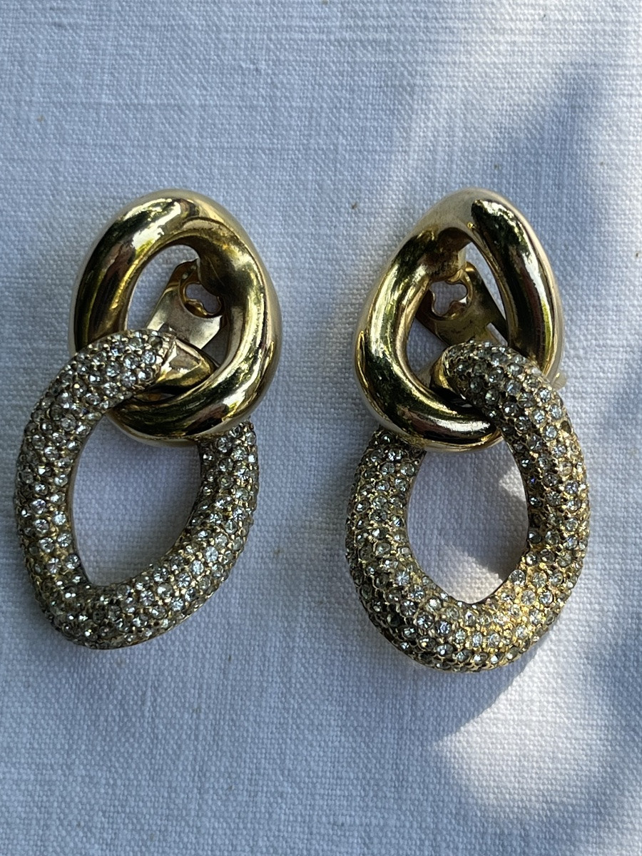 Christian Dior Clip-on Earrings. Gold Hoop Earrings With Rows Of Rhinestones. Circa 1990-photo-5