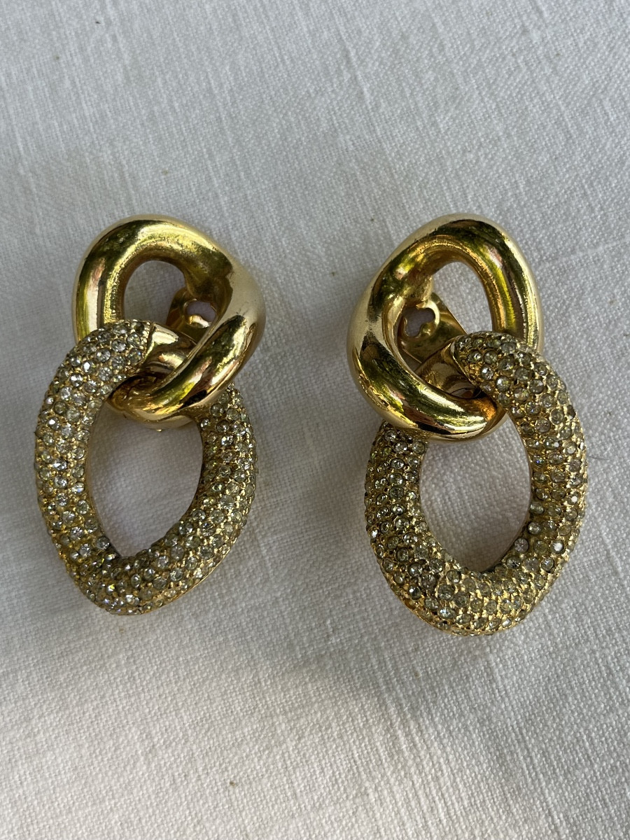 Christian Dior Clip-on Earrings. Gold Hoop Earrings With Rows Of Rhinestones. Circa 1990
