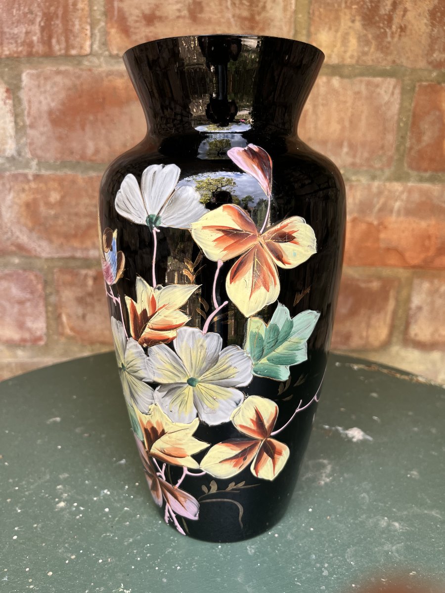 Black Opaline Vase With A Floral Design. Early 20th Century-photo-2
