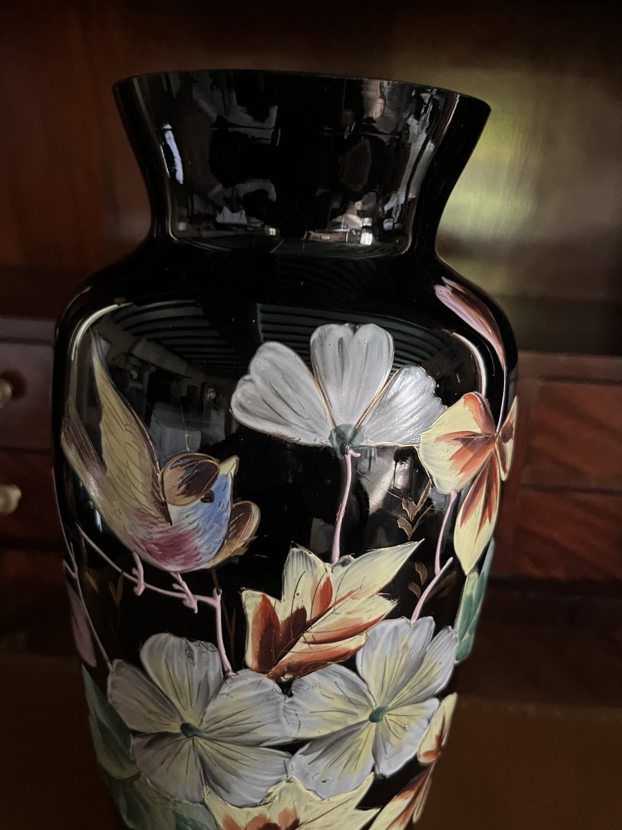 Black Opaline Vase With A Floral Design. Early 20th Century-photo-4