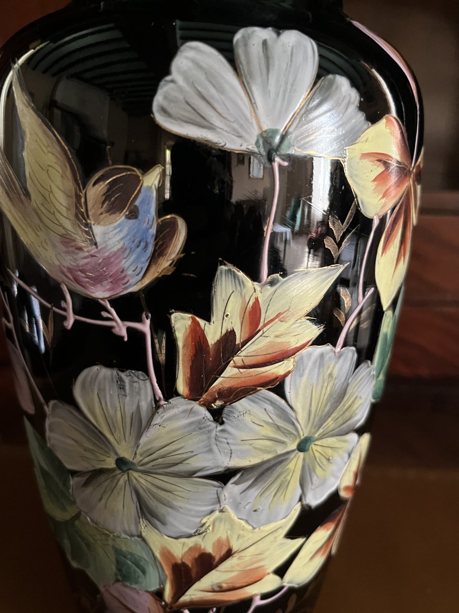 Black Opaline Vase With A Floral Design. Early 20th Century-photo-2