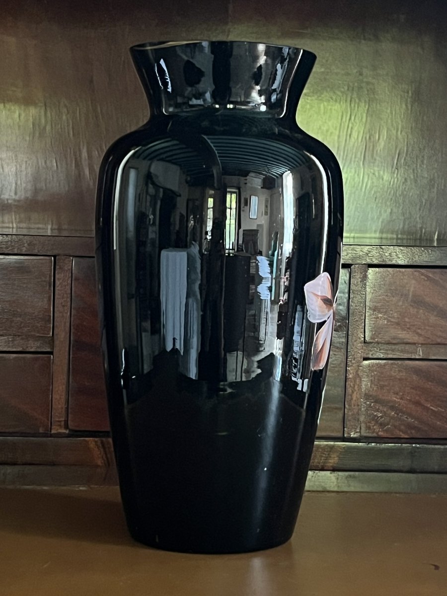 Black Opaline Vase With A Floral Design. Early 20th Century-photo-5