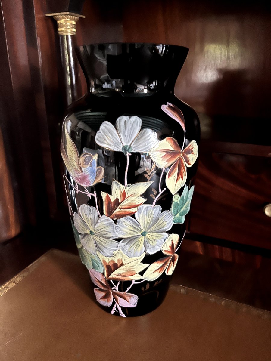 Black Opaline Vase With A Floral Design. Early 20th Century
