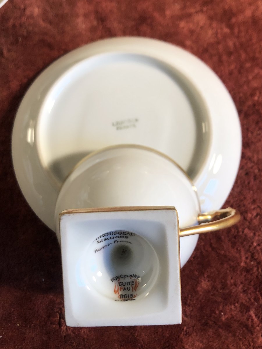 Service à café porcelaine fine sur piédouche. blanc & filet or. Limoges. 10 tasses-photo-5