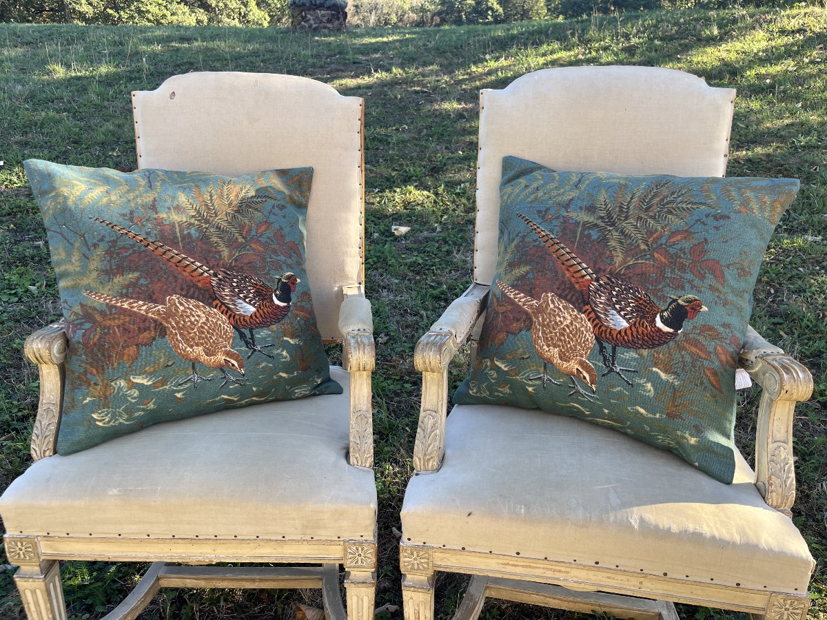 Paire de coussins " Couple de faisans",  coussins thème chasse 