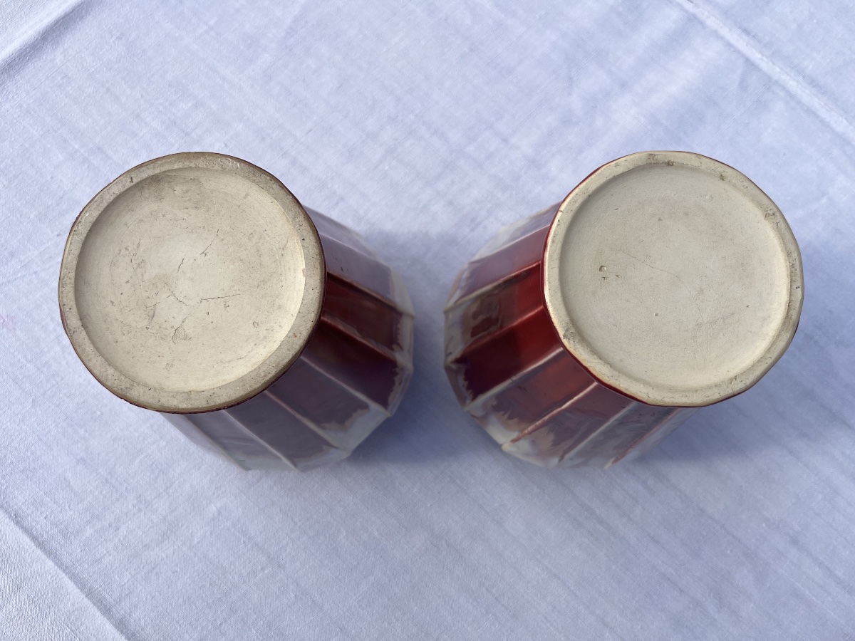 Pair Of Ceramic Vases With Beveled Sides. Art Deco. Old Raspberry Pink -photo-4