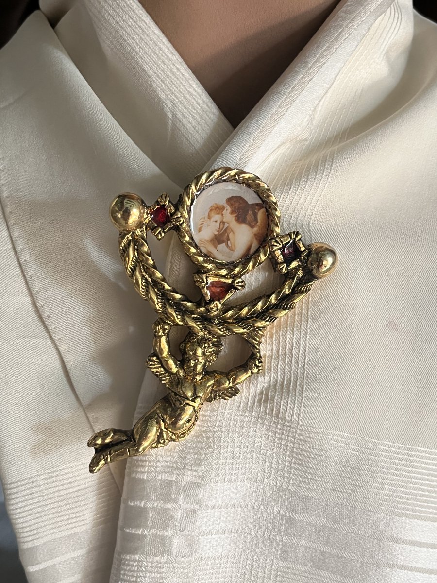 Designer Brooch By F. Volle Paris, Circa 1990. Cherub And Gilded Resin 