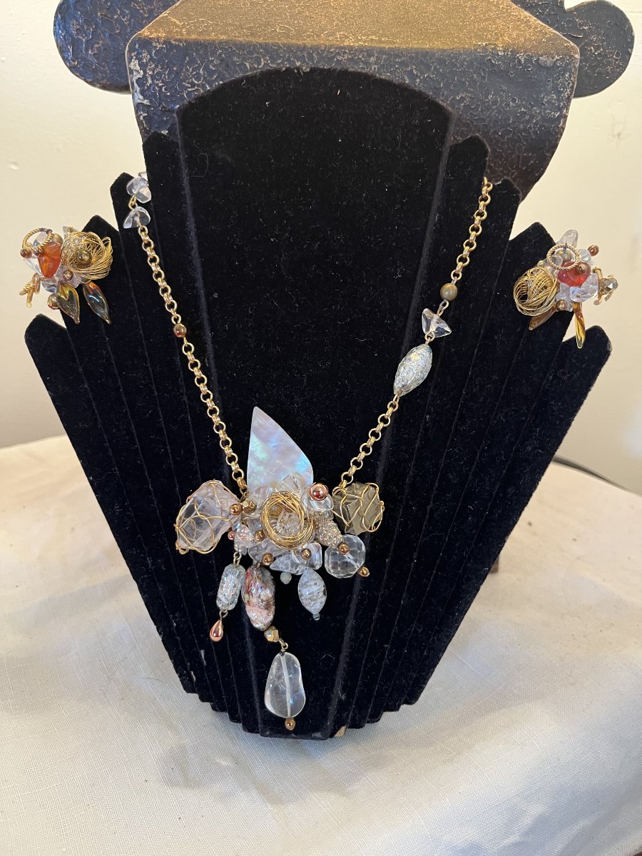 Parure de bijoux LILI MEUNIER Paris. collier et boucles d oreilles clip. Verres de Murano