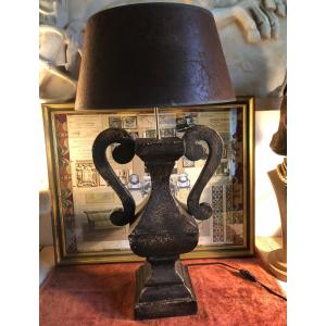 Large Ear Lamp, Bronze Shaped Metal, Leather Lampshade. Around 1980