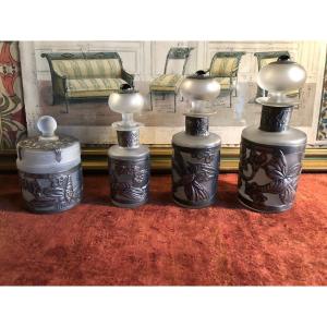 Perfume Bottles And Cotton Pot, Glass Paste And Silver Tin, Glass Cabochons. Art Deco