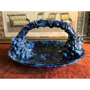 Fruit Basket, Bunches Of Grapes In Blue Ceramic With Marbled Effects 
