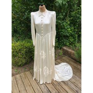 Embroidered Silk Satin Wedding Dress. 1920s/30s