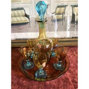 Liqueur Service In Enameled Glass. Carafe And Glasses. Napoleon III
