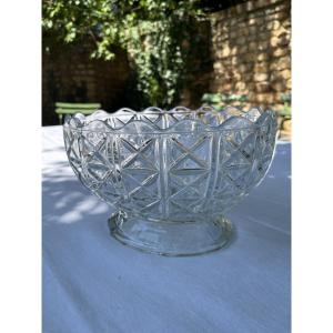 Saladier à fruits en verre moulé, des années 1950/60. Coupe sur pied, motif croisillons