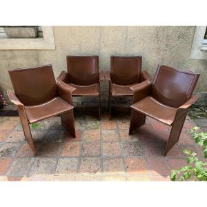 Armchairs (x4) Tawny Leather, Korium Model By Matteo Grassi For Tito Agnoli. 