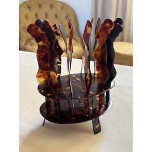 Cocktail Picks Or Stirrers, Made Of Tortoiseshell, With 12 Picks. Silhouettes Of Women
