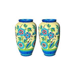 Pair Of Keramis Vases (belgium)