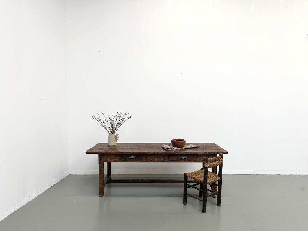 Table de ferme française authentique de 1890 en chêne massif à deux tiroirs-photo-2