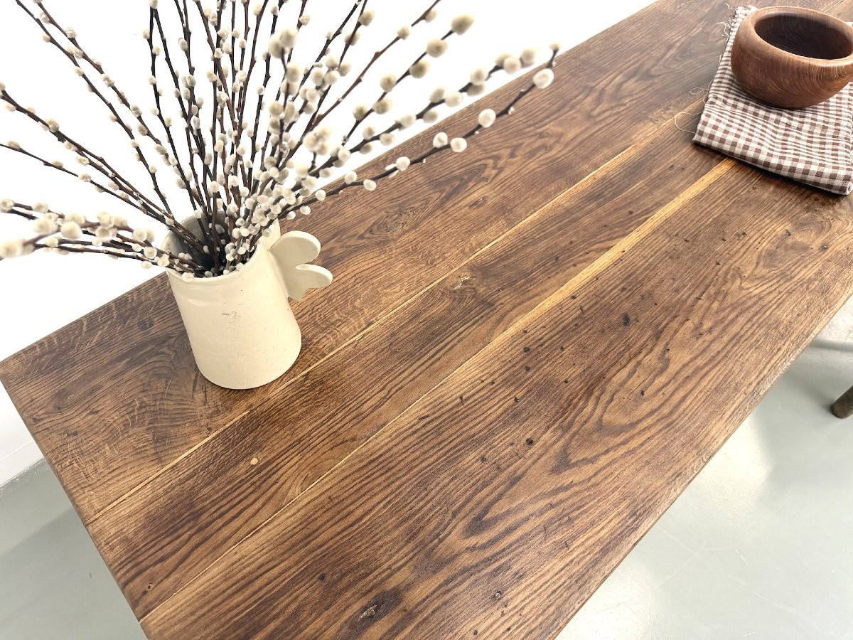 Table de ferme française authentique de 1890 en chêne massif à deux tiroirs-photo-3