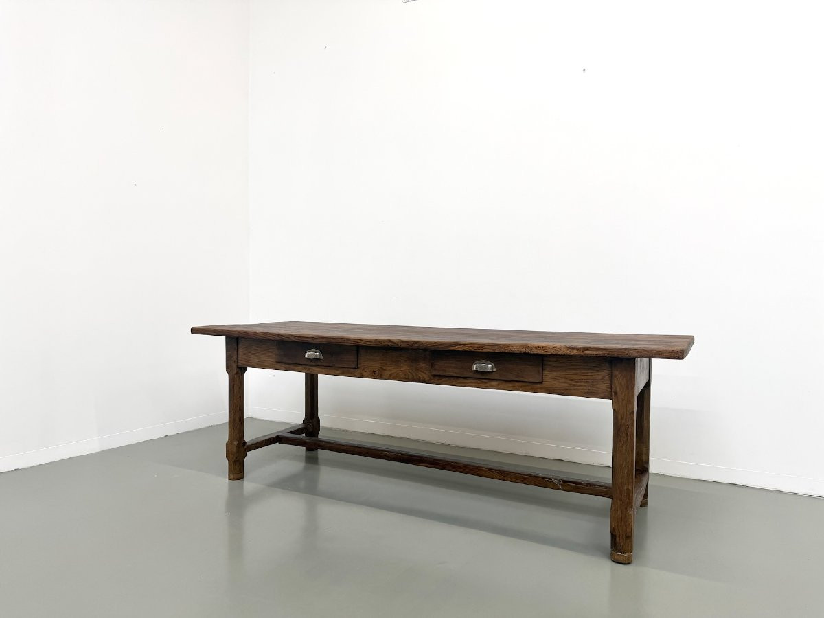 Table de ferme française authentique de 1890 en chêne massif à deux tiroirs-photo-1