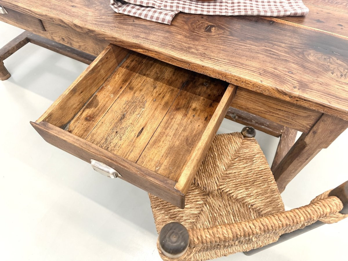 Table de ferme française authentique de 1890 en chêne massif à deux tiroirs-photo-5