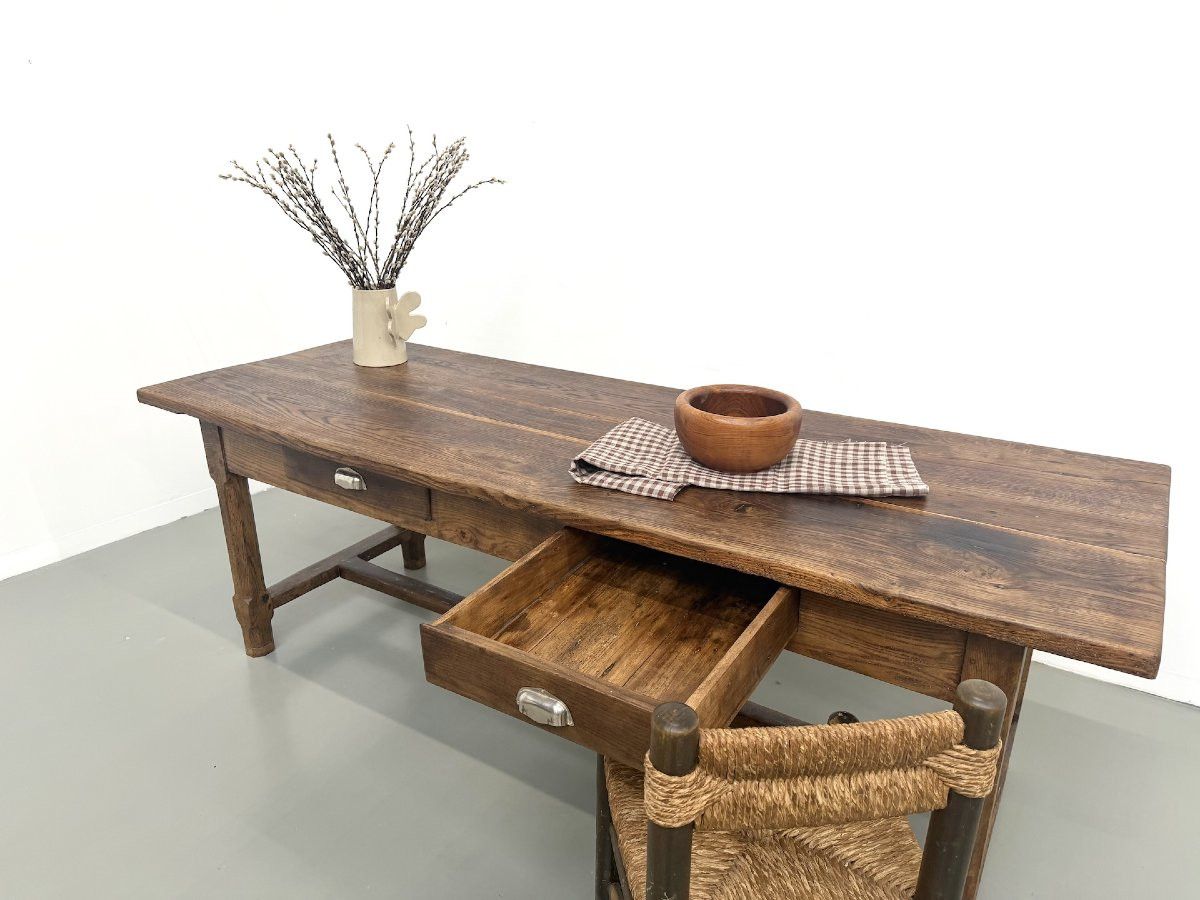 Table de ferme française authentique de 1890 en chêne massif à deux tiroirs-photo-6