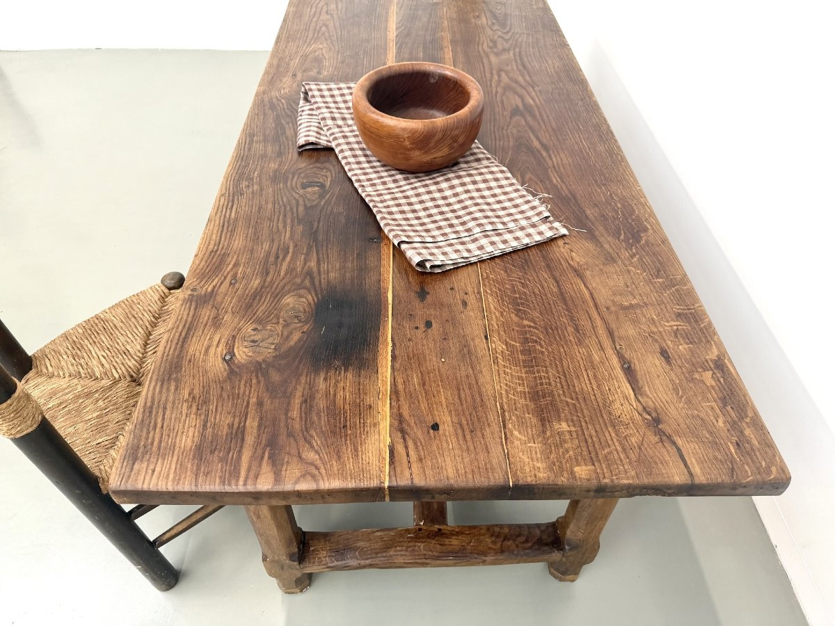 Table de ferme française authentique de 1890 en chêne massif à deux tiroirs-photo-7