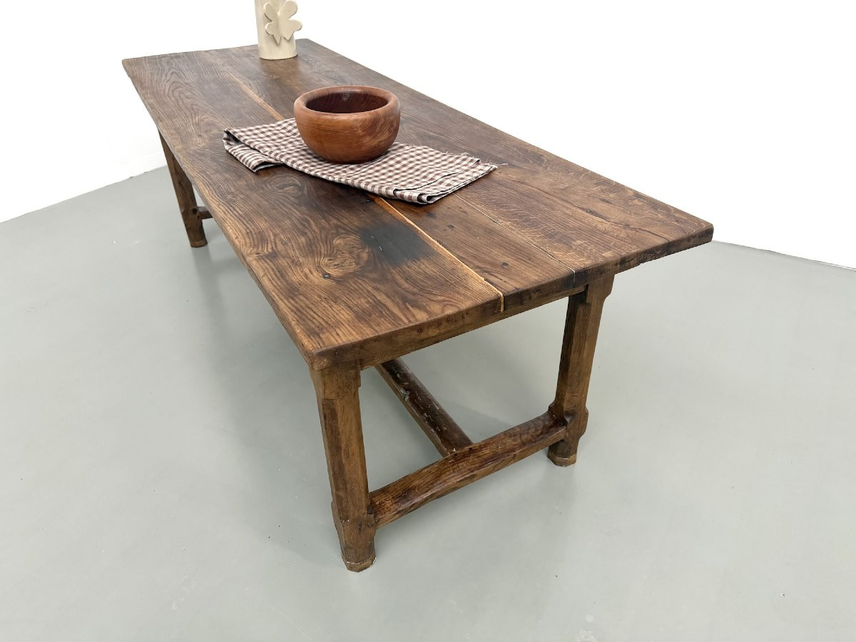 Table de ferme française authentique de 1890 en chêne massif à deux tiroirs-photo-8