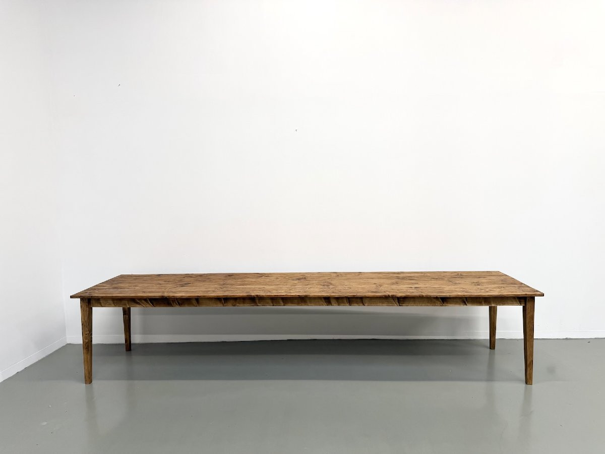 Grande table de ferme XXL en pin massif et pieds fuseaux années 50-photo-1