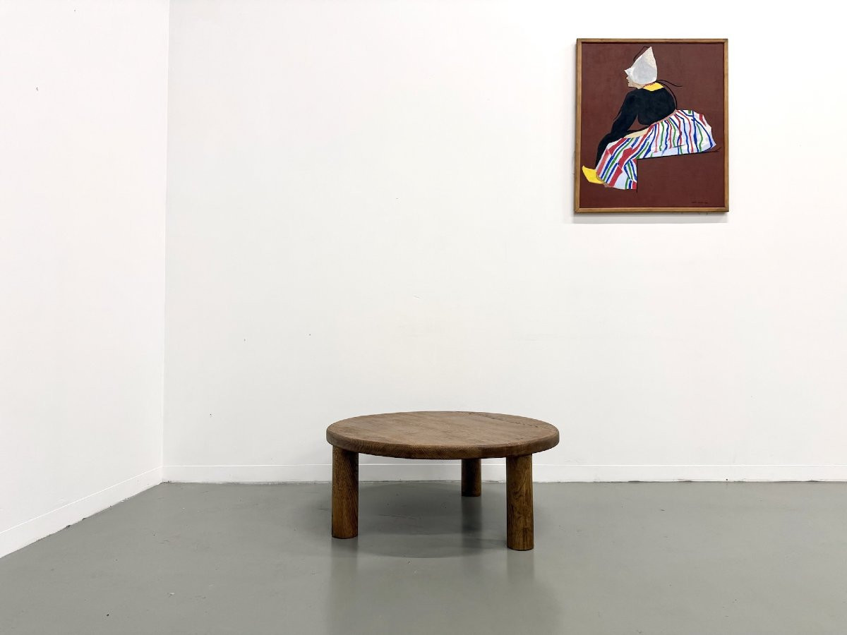 Table basse moderniste tripode en chêne massif, DLG Perriand, Chapo, années 50-photo-2