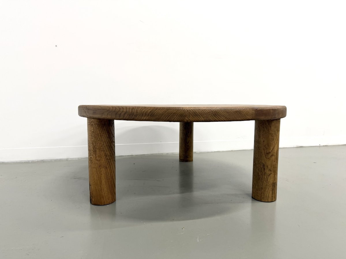 Table basse moderniste tripode en chêne massif, DLG Perriand, Chapo, années 50-photo-3