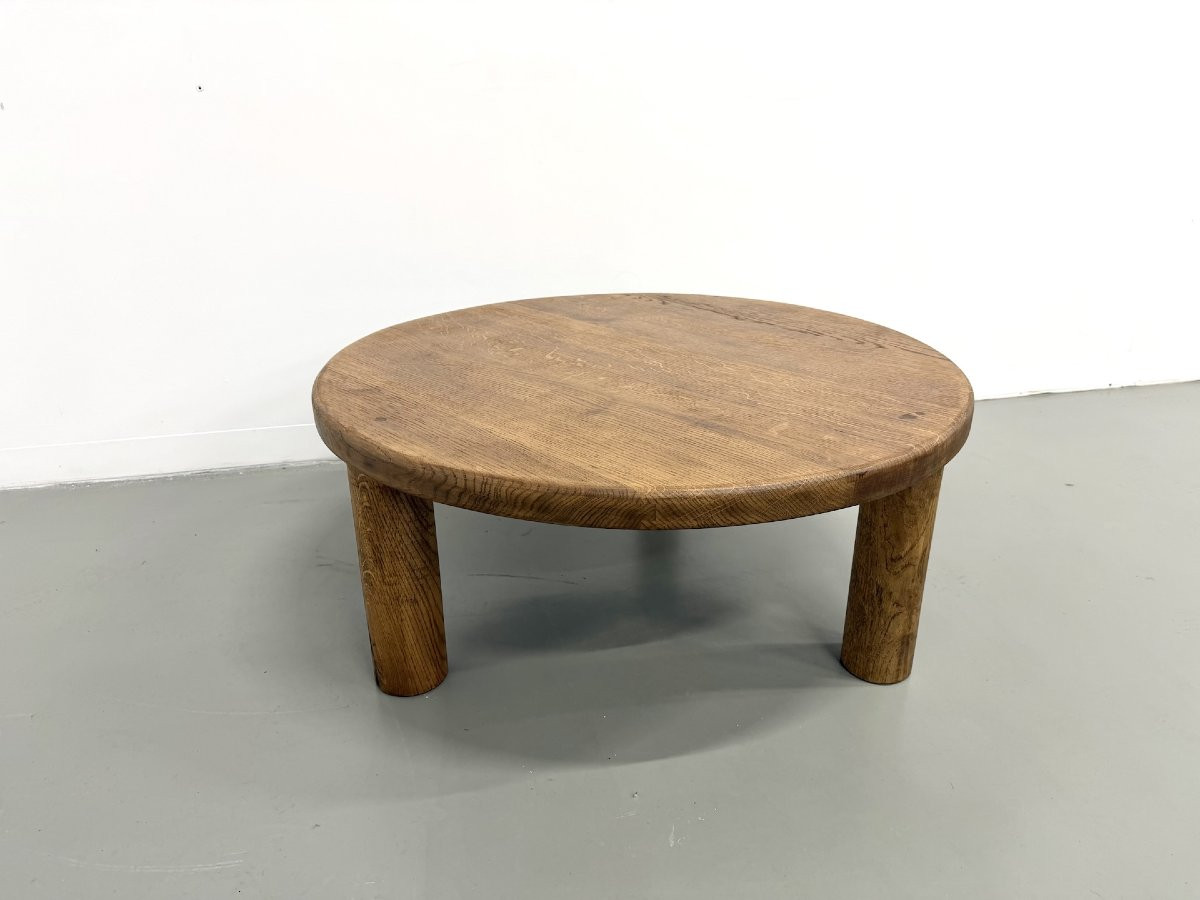 Table basse moderniste tripode en chêne massif, DLG Perriand, Chapo, années 50-photo-4