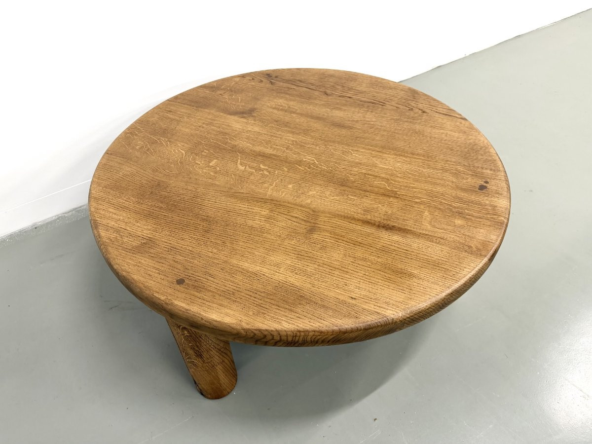 Table basse moderniste tripode en chêne massif, DLG Perriand, Chapo, années 50-photo-1