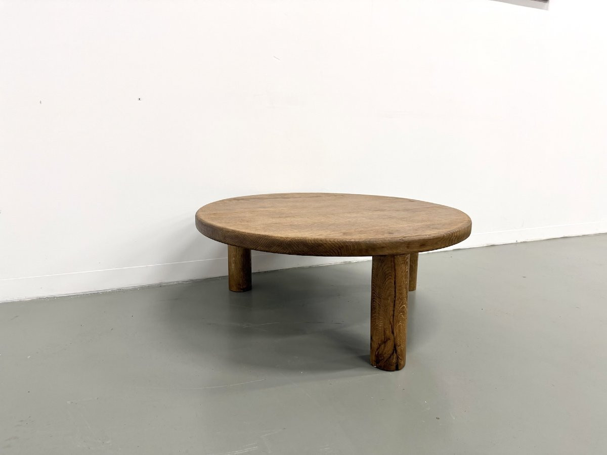 Table basse moderniste tripode en chêne massif, DLG Perriand, Chapo, années 50-photo-7